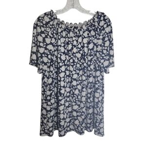 Talbots navy white floral print smocked geathered neck top size X